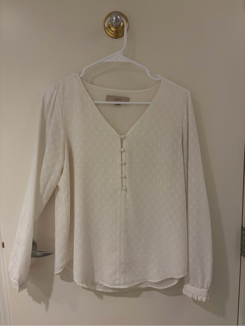 LOFT Cream Swiss Dot V-Neck Blouse with Covered Buttons